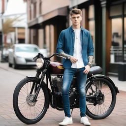 18-year-old dapper biker boy clad in a formal full-sleeve shirt, jeans, sneakers, and a wristwatch, leaning on his bike outside a bustling restaurant. He's holding an iPhone with a custom name plate on the bike.