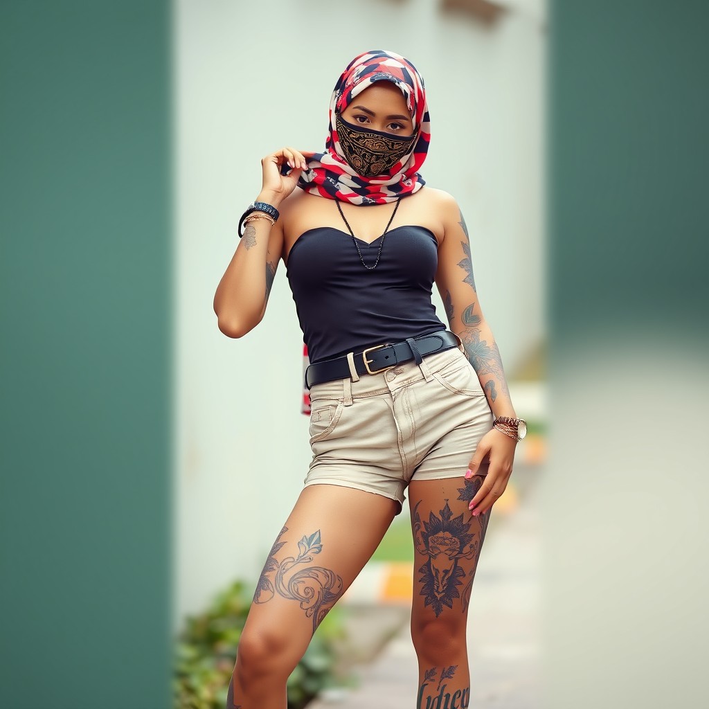 A woman in a stylish headscarf and a covered face with a decorative mask, wearing a fashionable mini shorts outfit