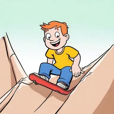 In the cartoon, the character slid down the extremely steep slope in a perpendicular manner.