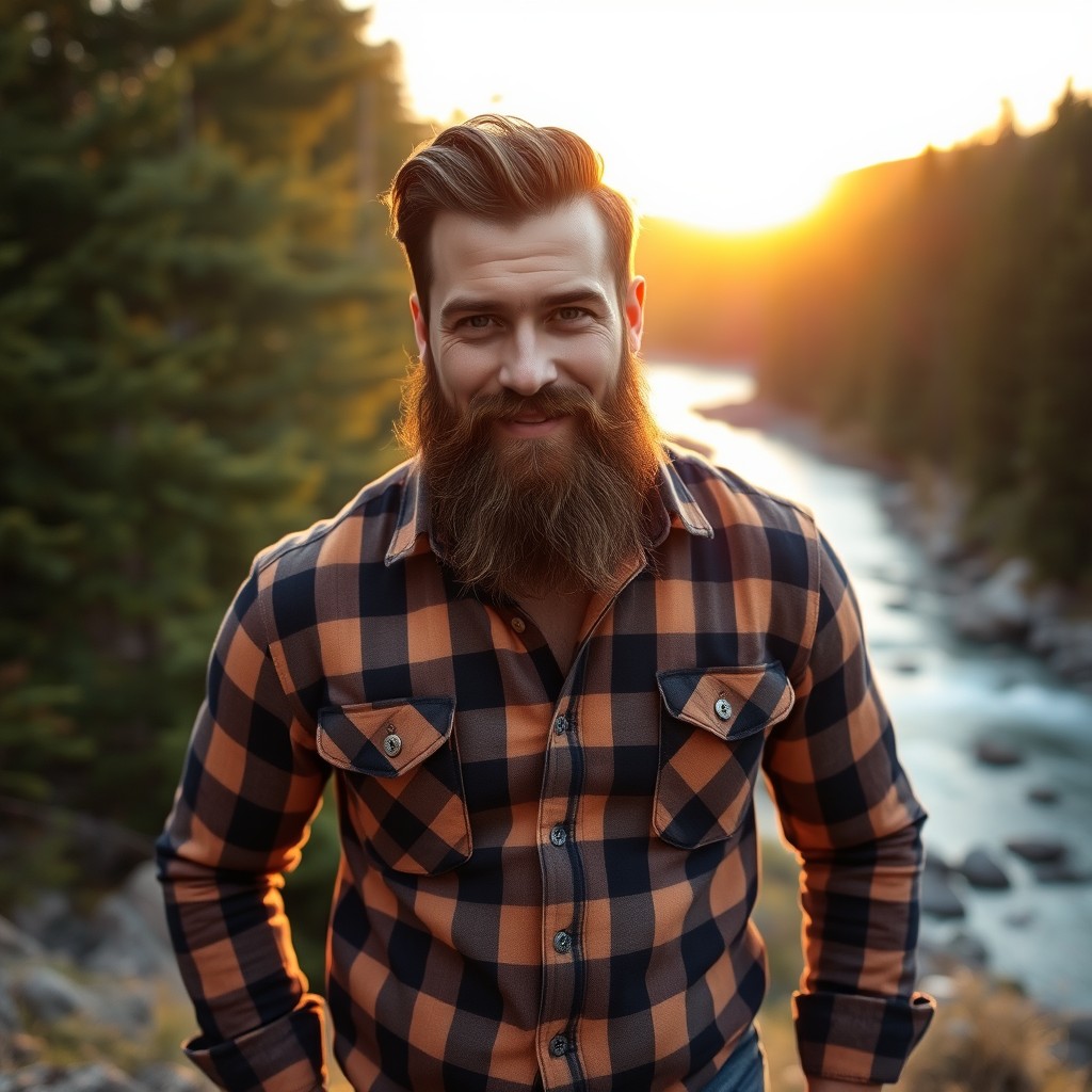 A rugged and charismatic bearded man with a strong jawline and deep-set eyes, dressed in a well-fitted plaid shirt and denim jeans