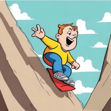 In the cartoon, the character slid down the extremely steep slope in a perpendicular manner.
