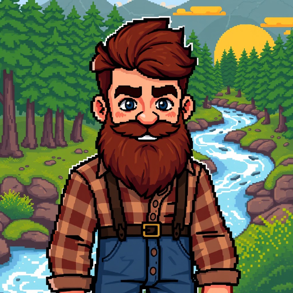 A pixel art depiction of a rugged, charismatic bearded man with a strong jawline, wearing a well-fitted plaid shirt and denim jeans