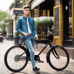 18-year-old dapper biker boy clad in a formal full-sleeve shirt, jeans, sneakers, and a wristwatch, leaning on his bike outside a bustling restaurant. He's holding an iPhone with a custom name plate on the bike.