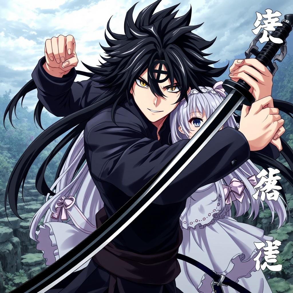 An anime cover featuring a male protagonist with long, wild black hair and gothic attire, posing dramatically with a black katana