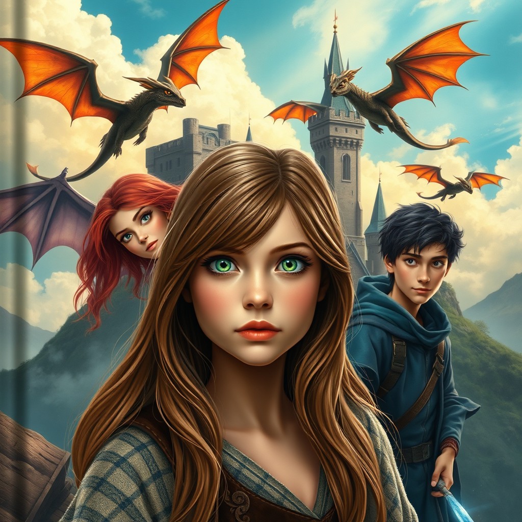 A captivating book cover featuring a girl with brown hair and striking green eyes in the foreground, embodying the essence of magic
