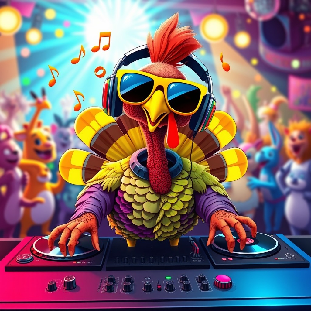 A vibrant, funky turkey dressed as a DJ, wearing oversized sunglasses and colorful headphones