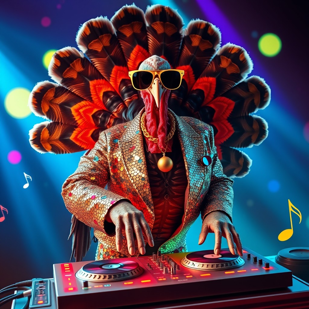 A majestic, full-figured funky turkey wearing a glamorous sequined, mirror-tiled blazer and oversized, gold-rimmed 70s sunglasses