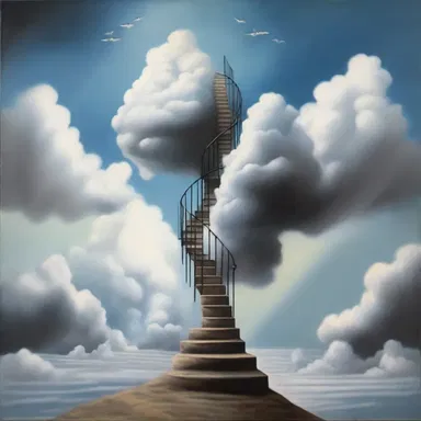 The artist painted a surreal image of a perpendicular staircase disappearing into the clouds.