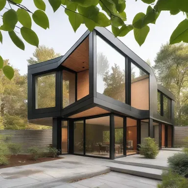 The modern house featured a unique design with perpendicular walls and large floor-to-ceiling windows.