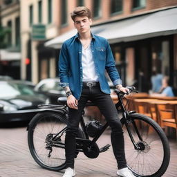 18-year-old dapper biker boy clad in a formal full-sleeve shirt, jeans, sneakers, and a wristwatch, leaning on his bike outside a bustling restaurant. He's holding an iPhone with a custom name plate on the bike.