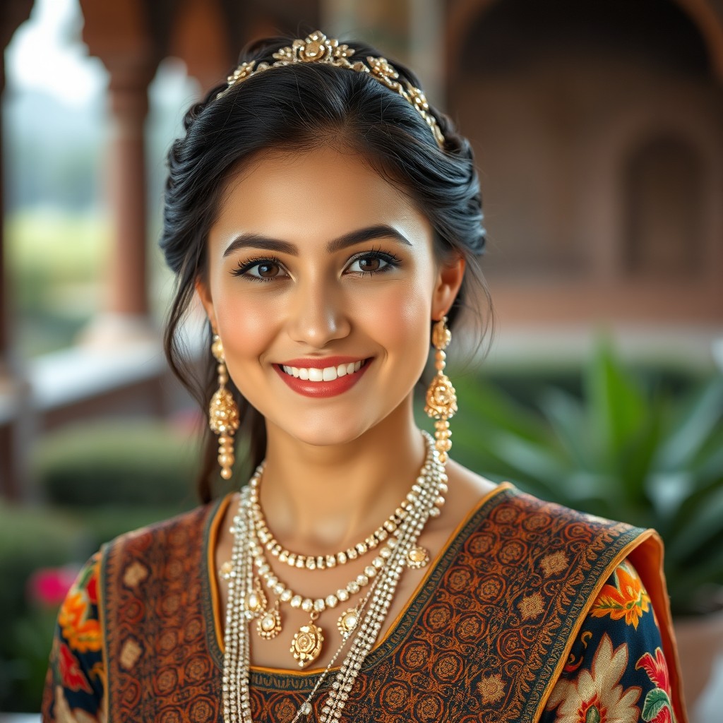 A beautiful portrait of a Hazara queen, radiating grace and elegance with a lovely smile that illuminates her features