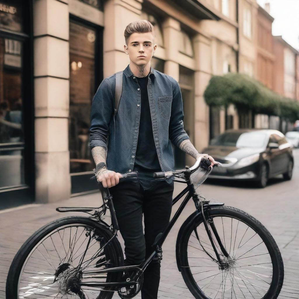 18-year-old dapper biker boy clad in a formal full-sleeve shirt, jeans, sneakers, and a wristwatch, leaning on his bike outside a bustling restaurant. He's holding an iPhone with a custom name plate on the bike.