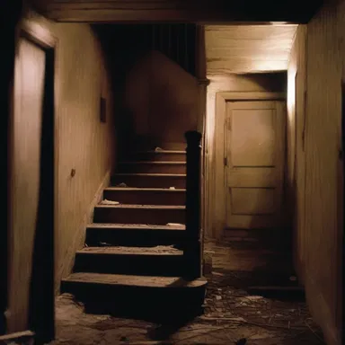 The horror movie featured a haunted house with a perpendicular staircase leading to an unknown basement.