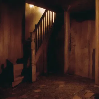 The horror movie featured a haunted house with a perpendicular staircase leading to an unknown basement.