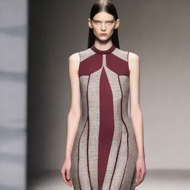 The fashion designer incorporated a plumb line motif in the pattern of the dress, adding a sense of geometry to the collection.