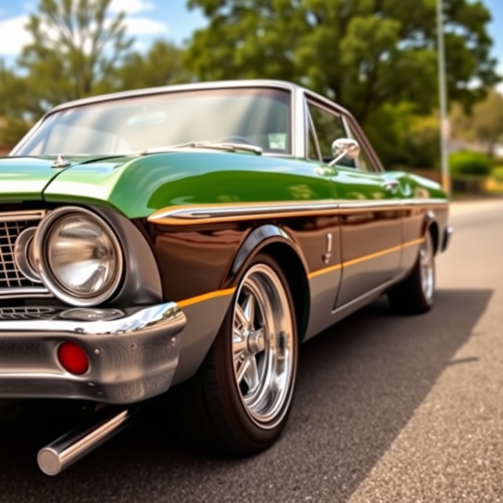 A classic Ford Falcon with a stylish split color scheme: the lower part painted in a sleek gray and the upper part in a vibrant green