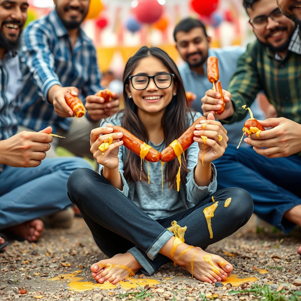 A hot Pakistani 18-year-old girl with glasses sitting criss-crossed on the ground