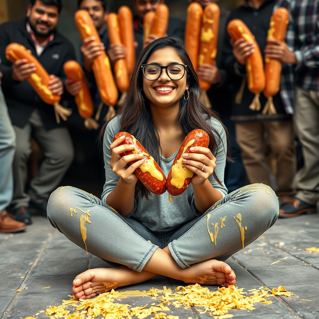 A hot Pakistani young woman, 18 years old, wearing stylish glasses, sitting criss-cross on the ground