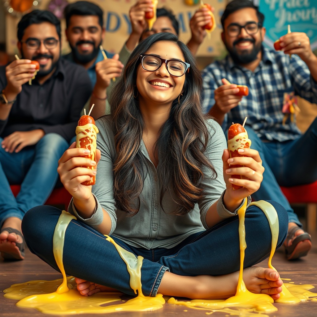 A hot Pakistani woman, 18 years old, sitting criss-cross with a joyful expression, eyes closed, smiling