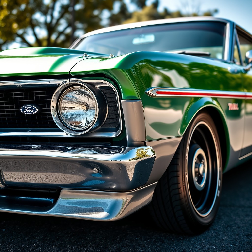 A classic Ford Falcon featuring a stylish split color scheme: the lower part painted in a sleek gray and the upper part in a vibrant green