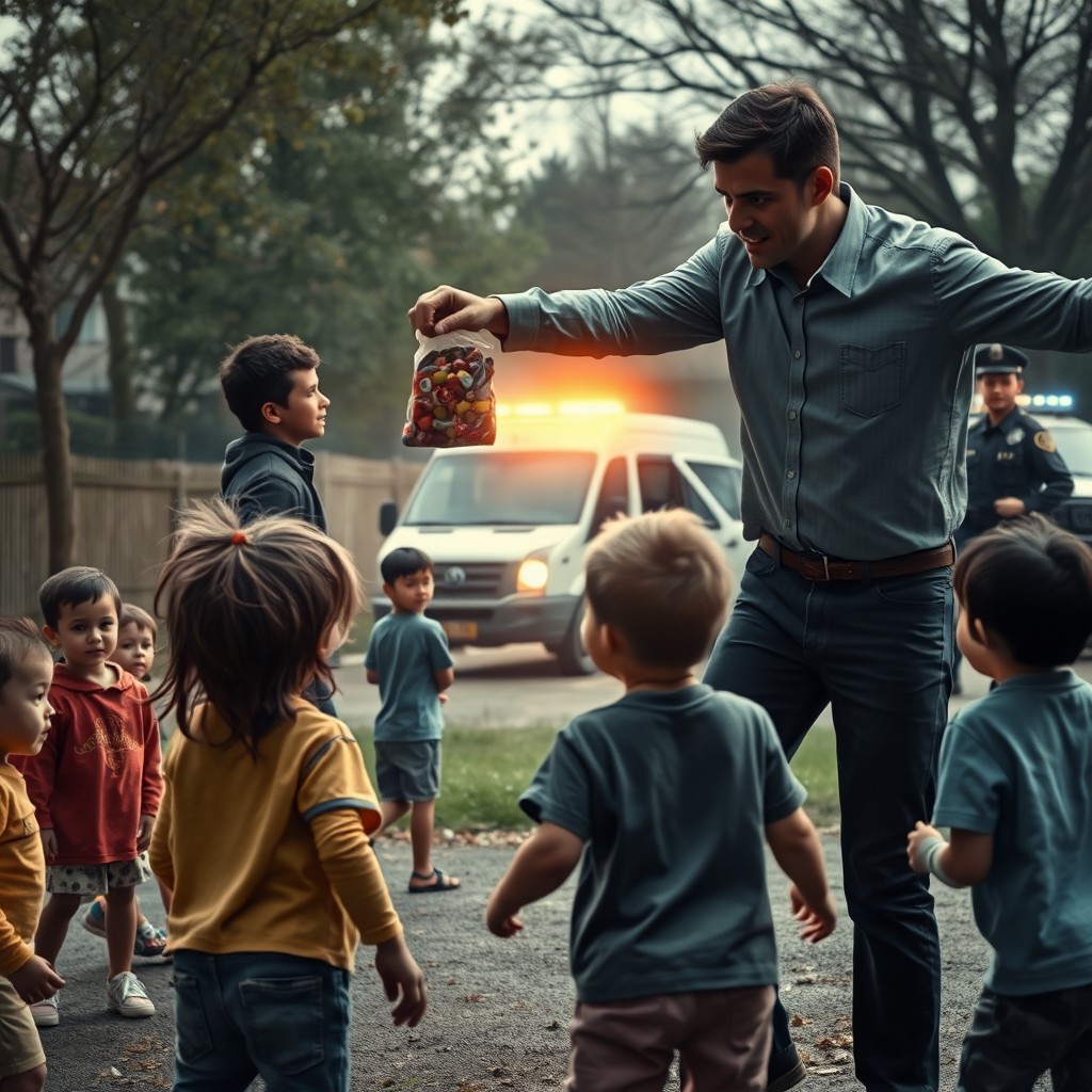 A dramatic and intense scene set in a playground where children were playing happily