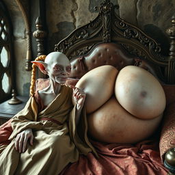 In a medieval-themed bedroom, two women are reclining on an ornately designed bed