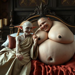 In a medieval-themed bedroom, two women are reclining on an ornately designed bed