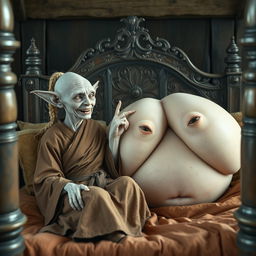 In a medieval-themed bedroom, two characters are reclined on an intricately designed bed