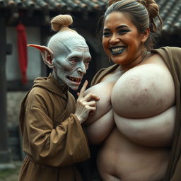 In a medieval Chinese village, a tiny elderly female goblin with albinism has very pale skin and a malnourished body