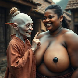 In a medieval village setting, a tiny elderly female goblin with albinism has very pale skin and a malnourished body