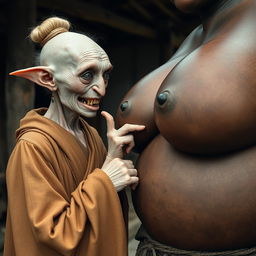 In a medieval village setting, a tiny elderly female goblin with albinism has very pale skin and a malnourished body