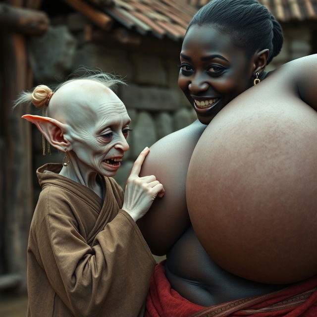 In a medieval village setting, a tiny elderly female goblin with albinism has very pale skin and a malnourished body