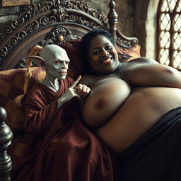 In a medieval bedroom setting, two figures are lying on an ornate bed