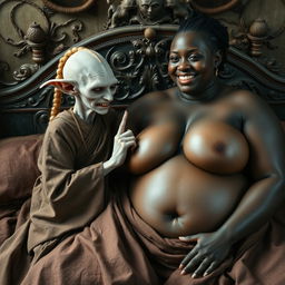 In a medieval bedroom setting, two figures are lying on an ornate bed