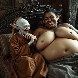 In a medieval bedroom setting, two figures are lying on an ornate bed