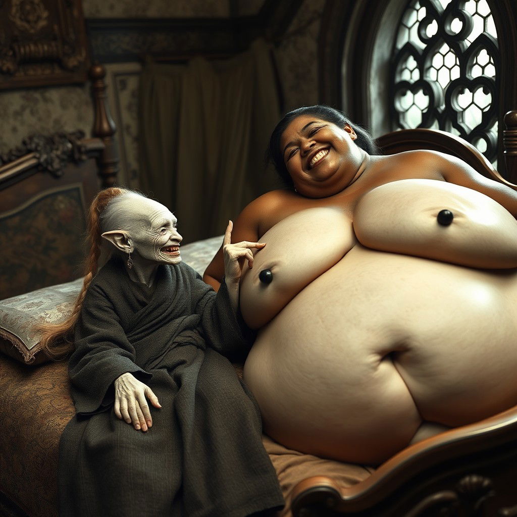 In a captivating medieval bedroom, two women are laid out on a beautifully crafted bed