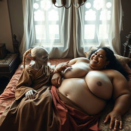 In a captivating medieval bedroom, two women are laid out on a beautifully crafted bed