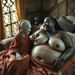 In a captivating medieval bedroom, two women are laid out on a beautifully crafted bed