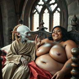 In an enchanting medieval bedroom, two women are comfortably lying on a beautifully crafted bed