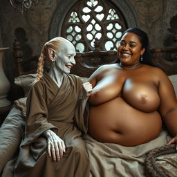 In an enchanting medieval bedroom, two women are comfortably lying on a beautifully crafted bed