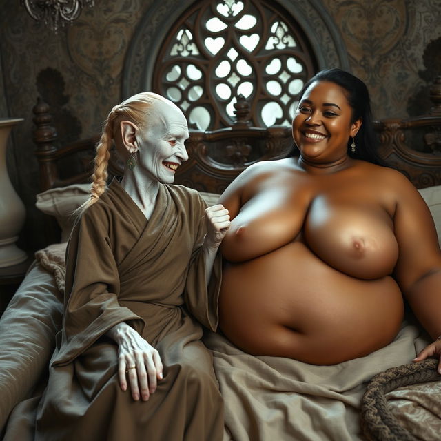 In an enchanting medieval bedroom, two women are comfortably lying on a beautifully crafted bed