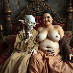 In a beautifully crafted medieval bedroom, two women are lounging on an ornate bed draped in rich fabrics