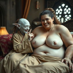 In a beautifully crafted medieval bedroom, two women are lounging on an ornate bed draped in rich fabrics