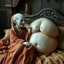 In a beautifully crafted medieval bedroom, two women are lounging on an ornate bed draped in rich fabrics