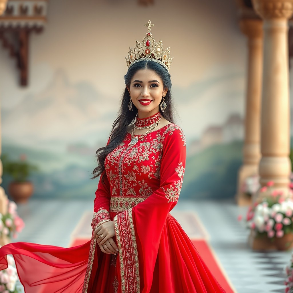 A stunning portrait of a beautiful Hazara queen wearing an elegant red dress that flows gracefully around her