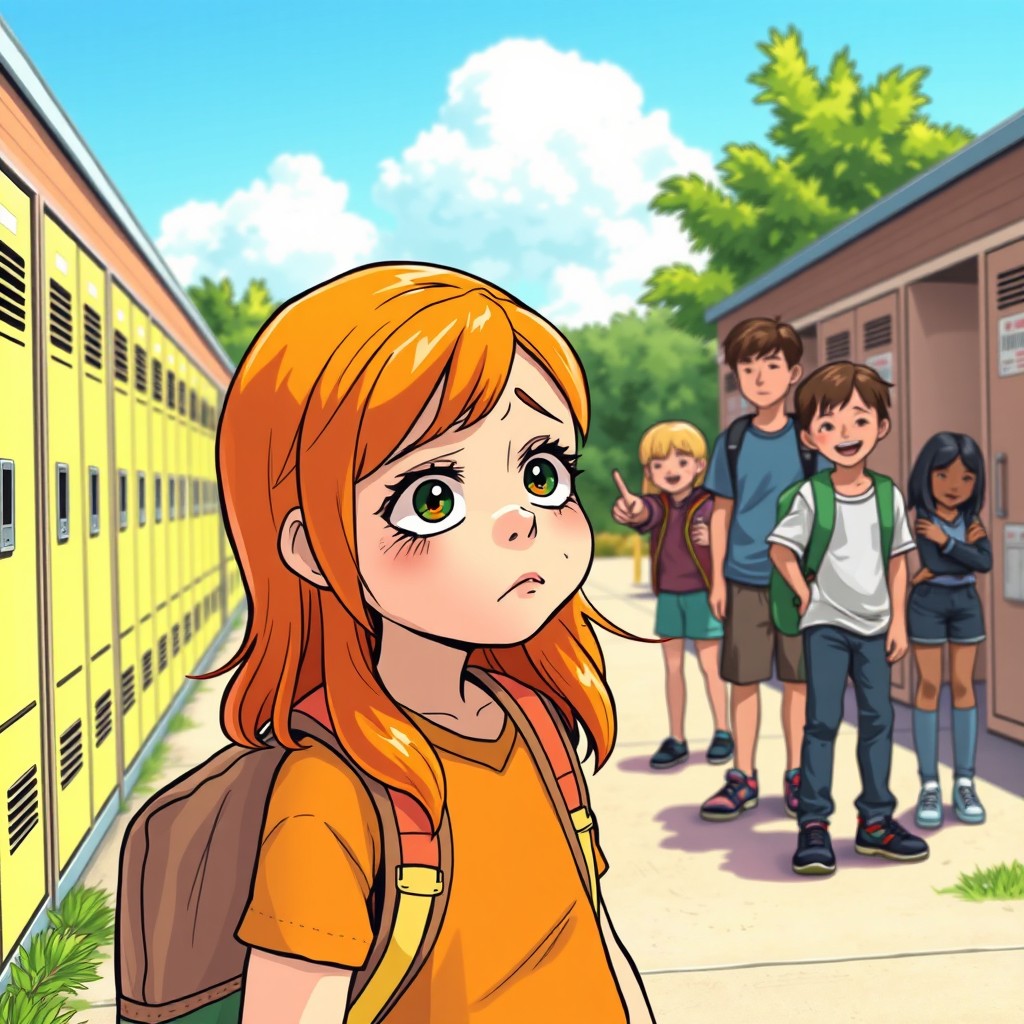 A young girl with vibrant orange hair, visibly upset, stands in a schoolyard as a group of students mock her in the background