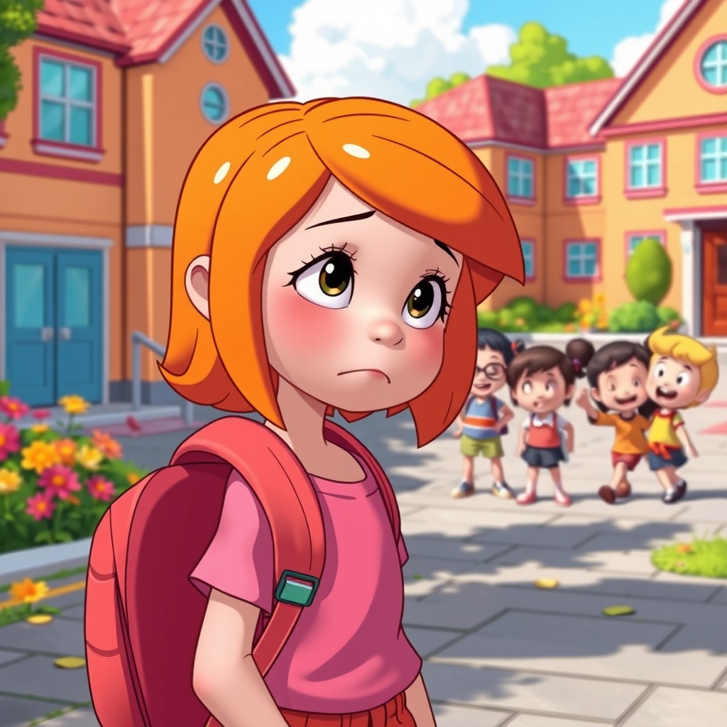 A young girl with bright orange hair depicted in a Disney animation style, looking sad and isolated in a colorful schoolyard
