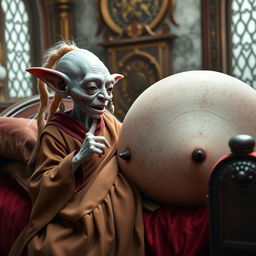 In a richly decorated medieval bedroom, a tiny elderly female goblin lies on an elegantly crafted bed