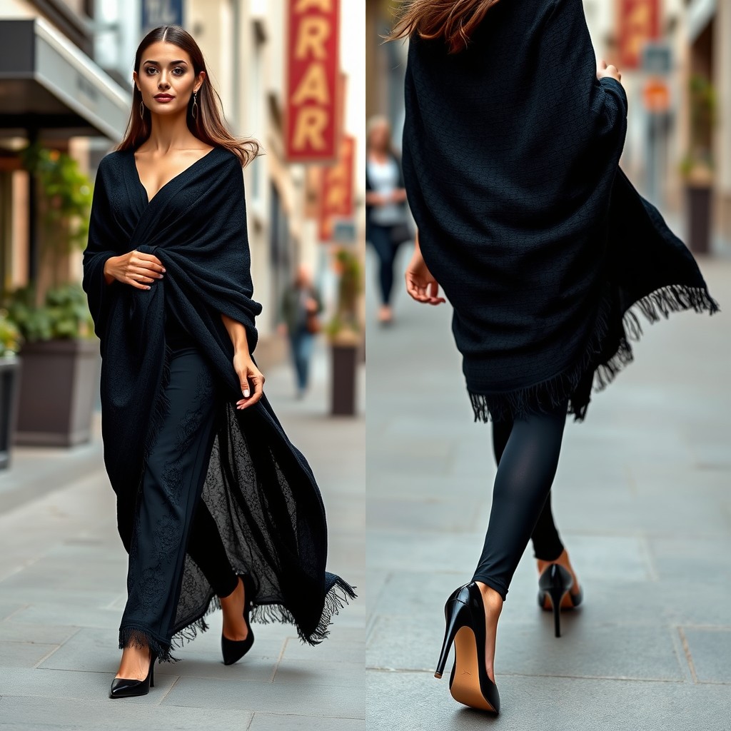 A woman gracefully adorned in a thick black chadori, exuding elegance and confidence
