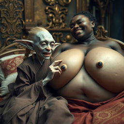 In an opulent medieval bedroom filled with exquisite details, a tiny elderly female goblin lies on a beautifully crafted bed